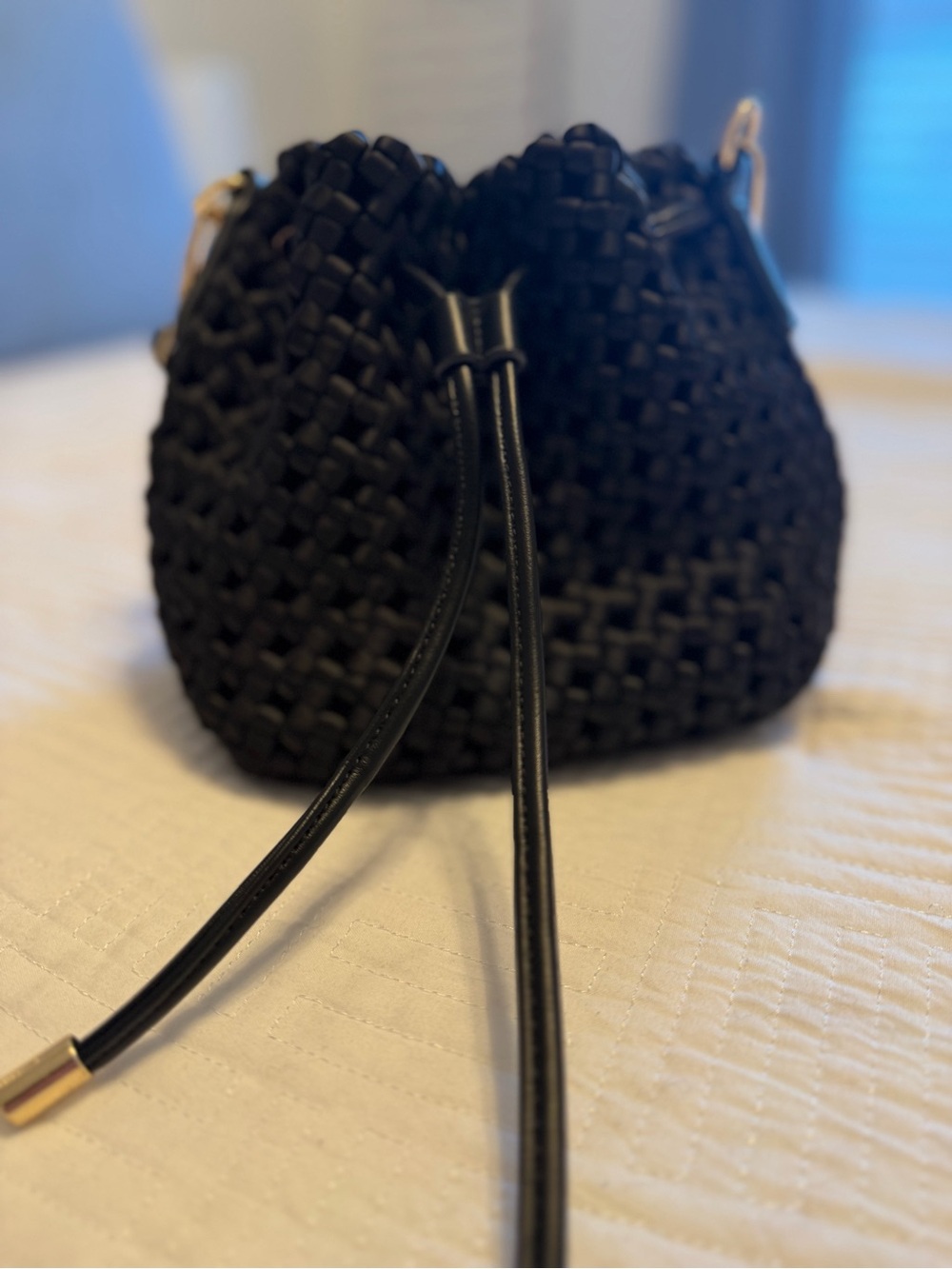 Sol and Selene Black Woven Neoprene Bucket Bag Crossbody Gold Hardware